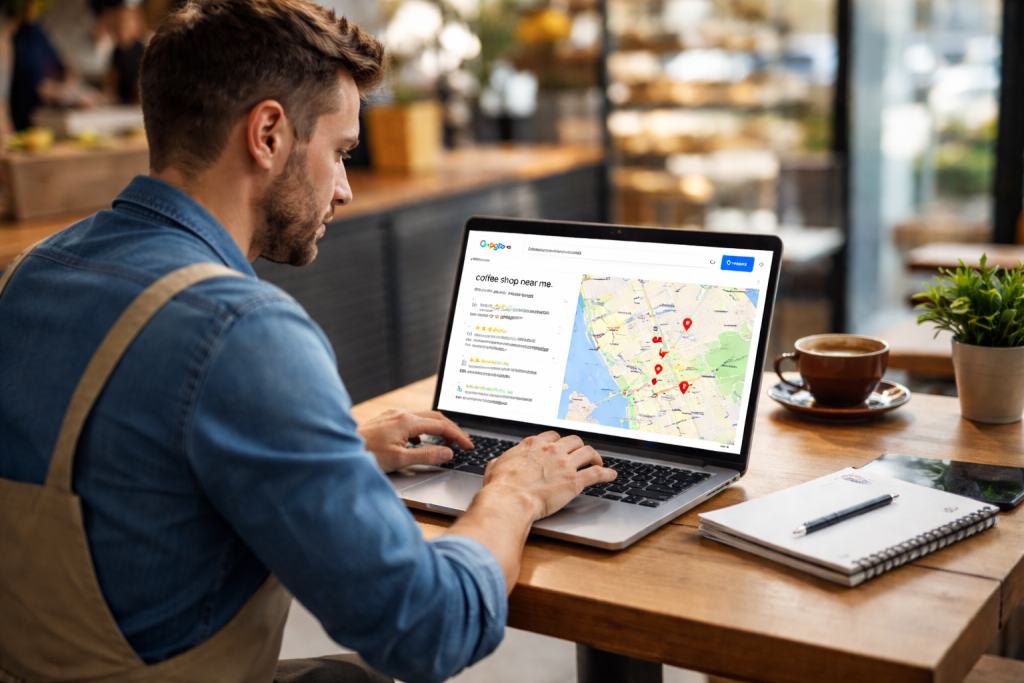 A local business owner check their local map ranking.